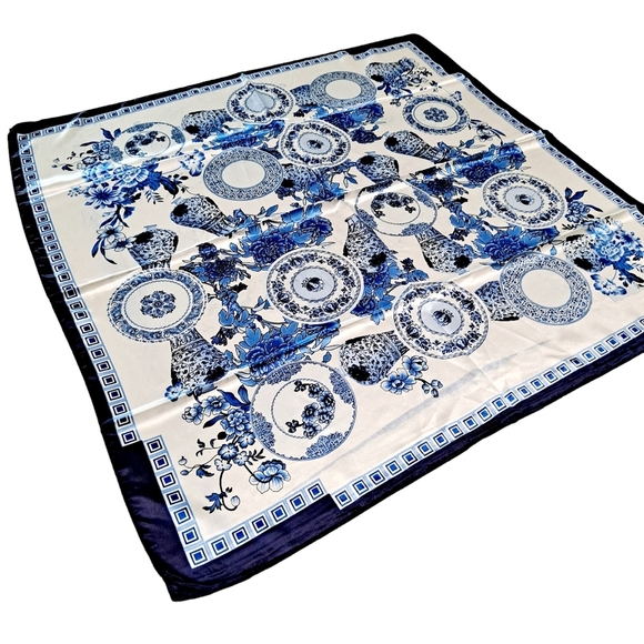 💖 2/$30 Satin Floral Nautical White Blue neck hair head bandana square scarf - Picture 5 of 13